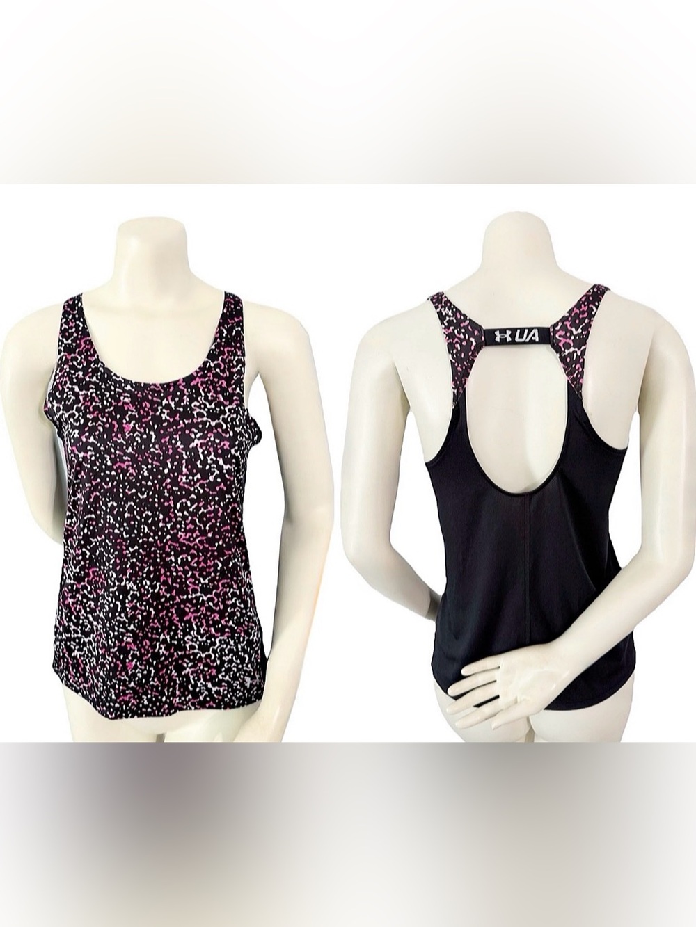 Under Armour HeatGear Racerback Tank Top Black Pink White Print Size Small